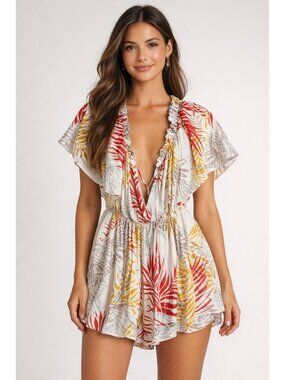 Michael Costello x Revolve Austen Romper Tropical Palm Small Resortwear Vacation